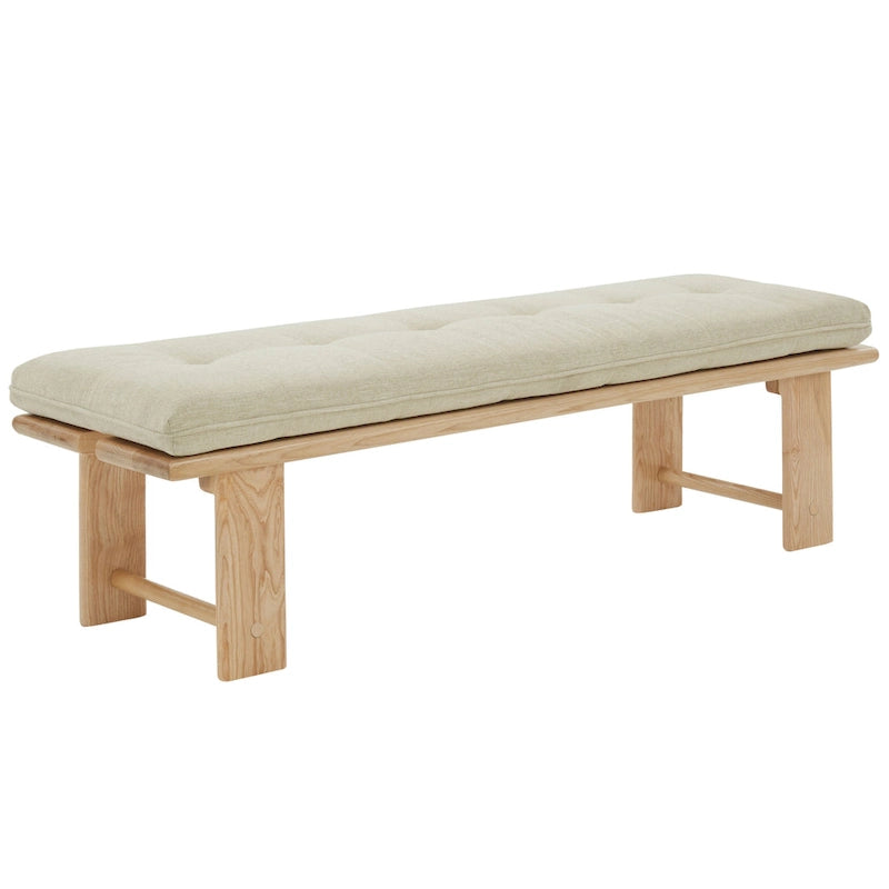 Beige Linen Tufted Cushion Bench, Ashwood Base, 2-Color Options, 1-Seat