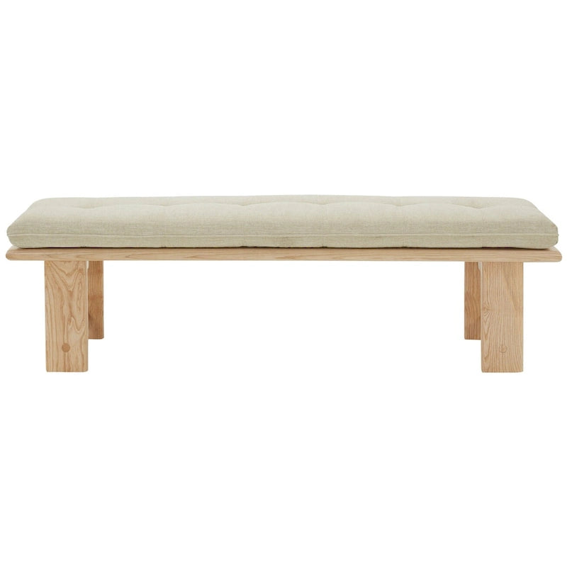 Beige Linen Tufted Cushion Bench, Ashwood Base, 2-Color Options, 1-Seat