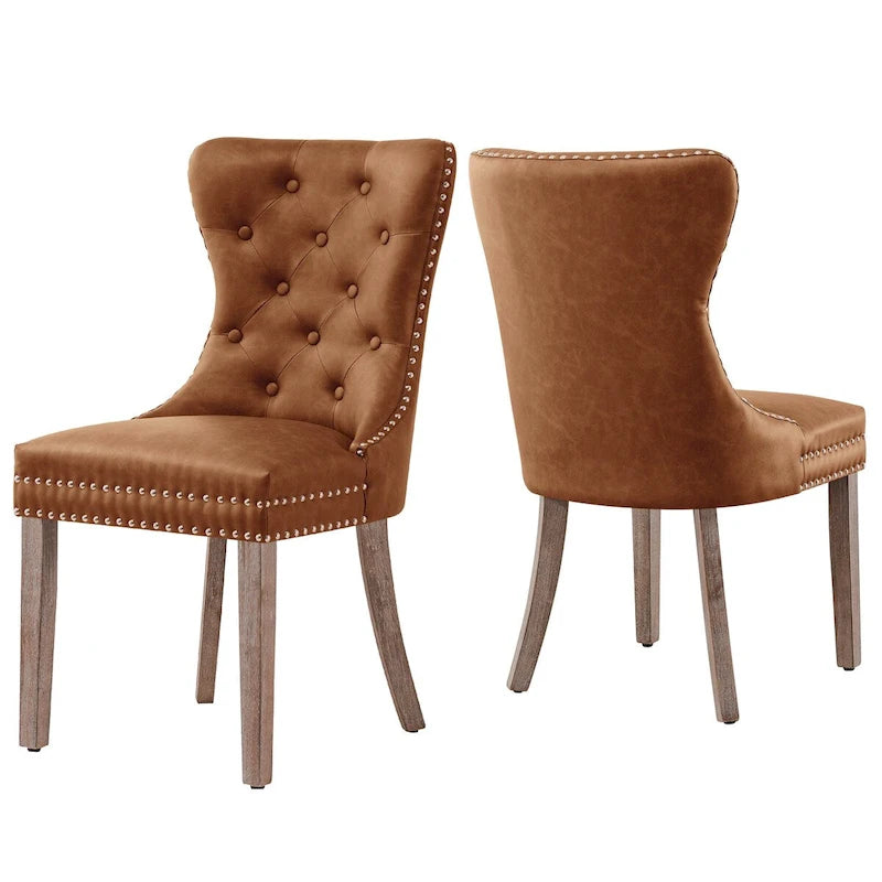 Brown & Grey Faux Leather Wing-back Dining Chair, Button Tufted, Set of 2