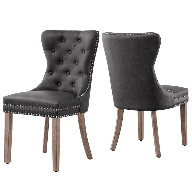 Brown & Grey Faux Leather Wing-back Dining Chair, Button Tufted, Set of 2