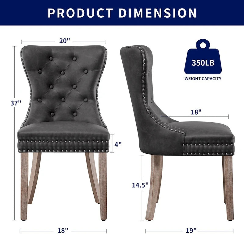 Brown & Grey Faux Leather Wing-back Dining Chair, Button Tufted, Set of 2