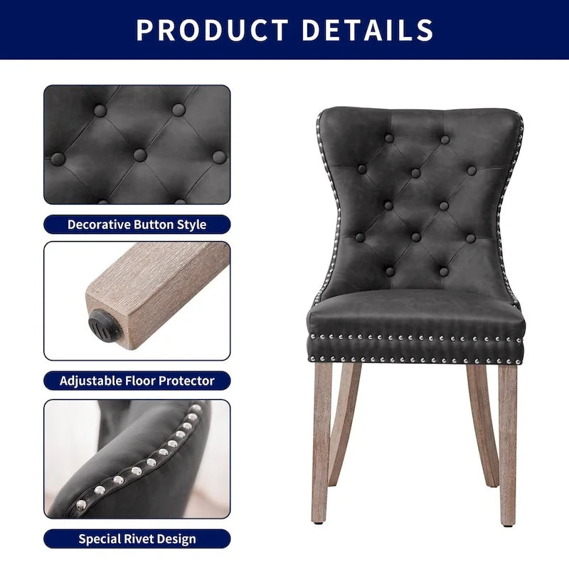 Brown & Grey Faux Leather Wing-back Dining Chair, Button Tufted, Set of 2