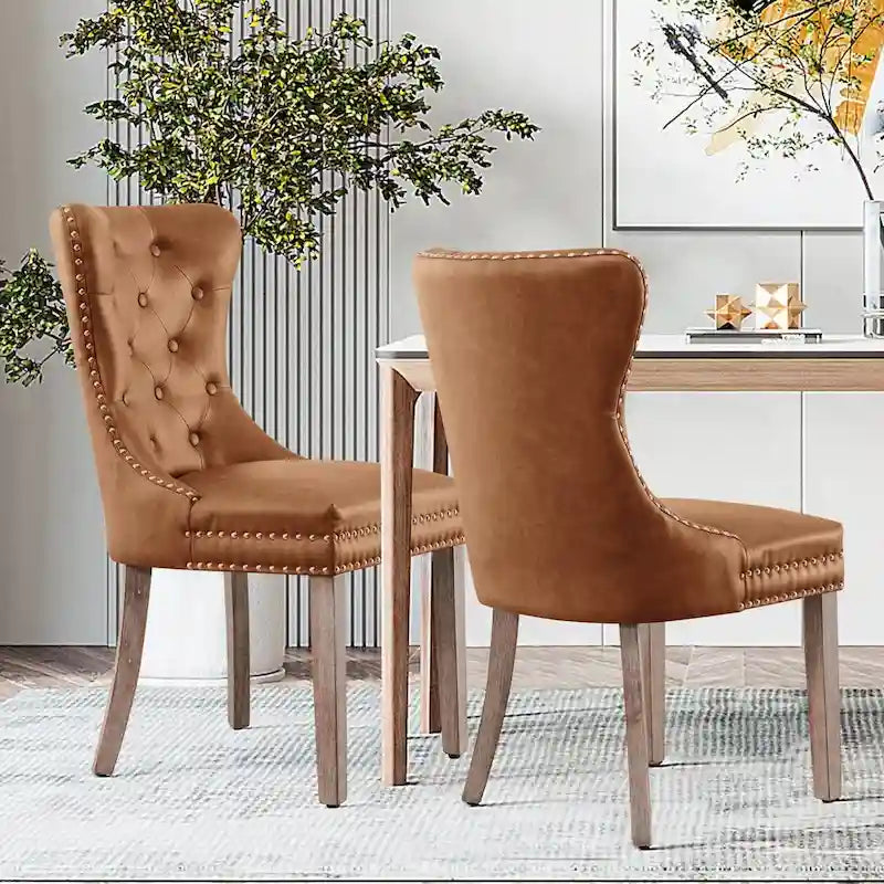Brown & Grey Faux Leather Wing-back Dining Chair, Button Tufted, Set of 2