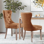 Brown & Grey Faux Leather Wing-back Dining Chair, Button Tufted, Set of 2