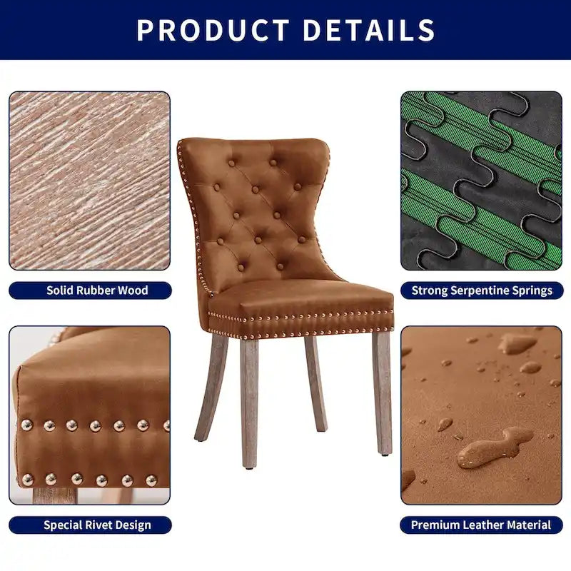 Brown & Grey Faux Leather Wing-back Dining Chair, Button Tufted, Set of 2