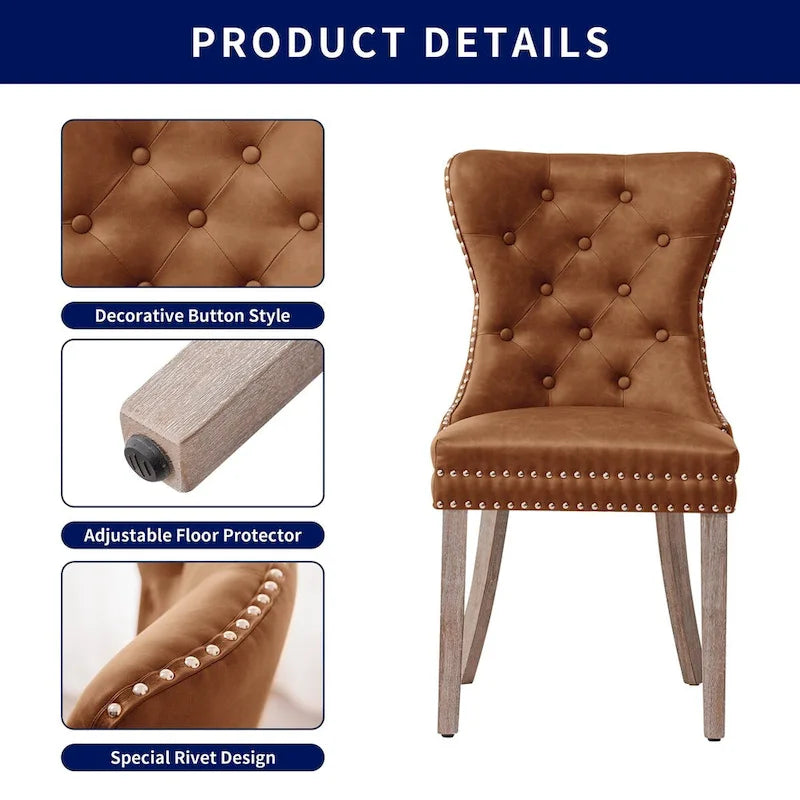 Brown & Grey Faux Leather Wing-back Dining Chair, Button Tufted, Set of 2