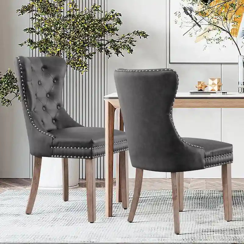 Brown & Grey Faux Leather Wing-back Dining Chair, Button Tufted, Set of 2