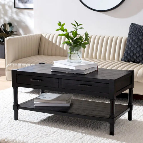 2-Drawer Coffee Table with Bottom Shelf – Distressed White / Grey / Black / Brown