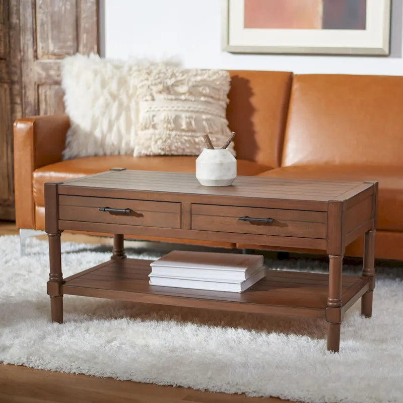 2-Drawer Coffee Table with Bottom Shelf – Distressed White / Grey / Black / Brown