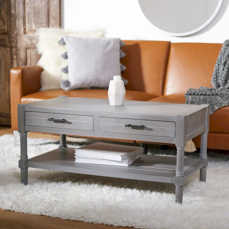 2-Drawer Coffee Table with Bottom Shelf – Distressed White / Grey / Black / Brown