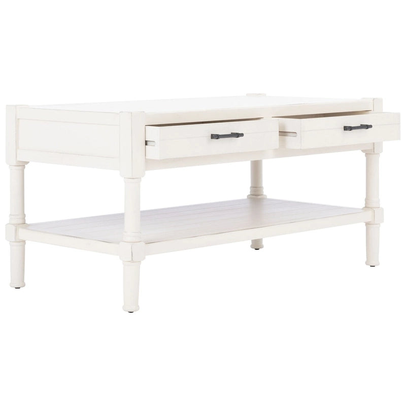 2-Drawer Coffee Table with Bottom Shelf – Distressed White / Grey / Black / Brown