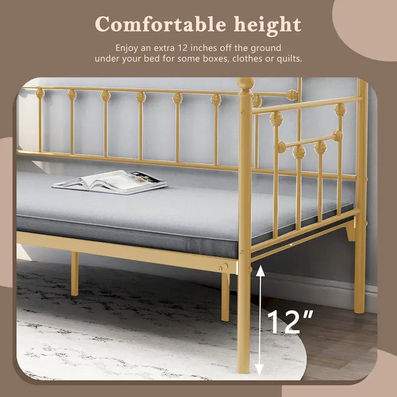 Metal Twin Daybed Frame, Sofa & Bed Dual-Use, Black / Gold / White, Fits 1–2