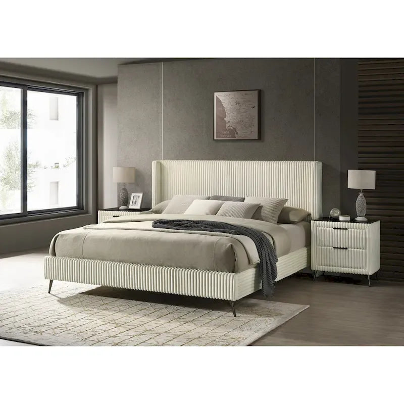 Cream Corduroy Wing-Back Panel Bed & 2 Nightstands – Queen/King