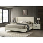 Cream Corduroy Wing-Back Panel Bed & 2 Nightstands – Queen/King