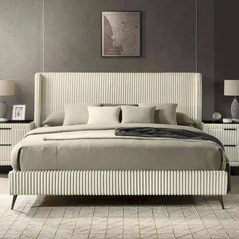 Cream Corduroy Wing-Back Panel Bed & 2 Nightstands – Queen/King