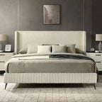 Cream Corduroy Wing-Back Panel Bed & 2 Nightstands – Queen/King