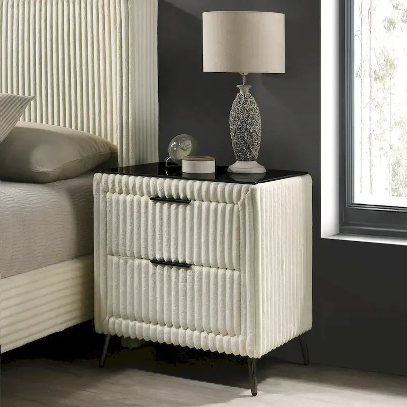 Cream Corduroy Wing-Back Panel Bed & 2 Nightstands – Queen/King