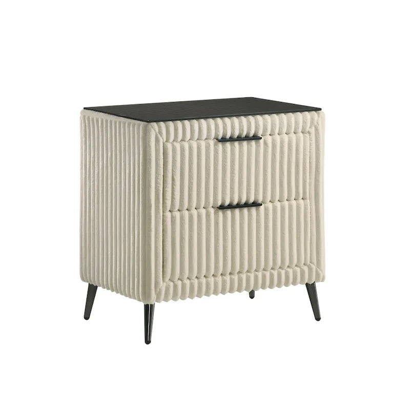 Cream Corduroy Wing-Back Panel Bed & 2 Nightstands – Queen/King