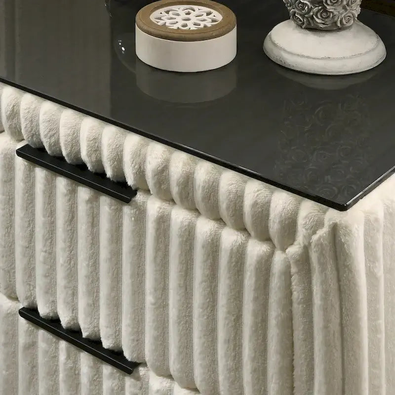 Cream Corduroy Wing-Back Panel Bed & 2 Nightstands – Queen/King