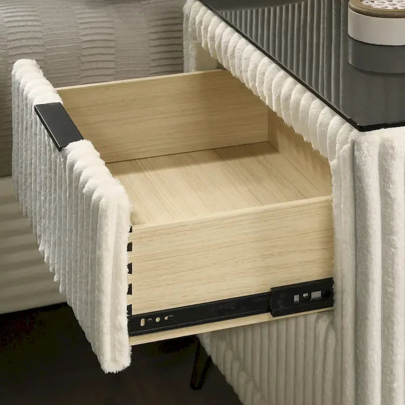 Cream Corduroy Wing-Back Panel Bed & 2 Nightstands – Queen/King