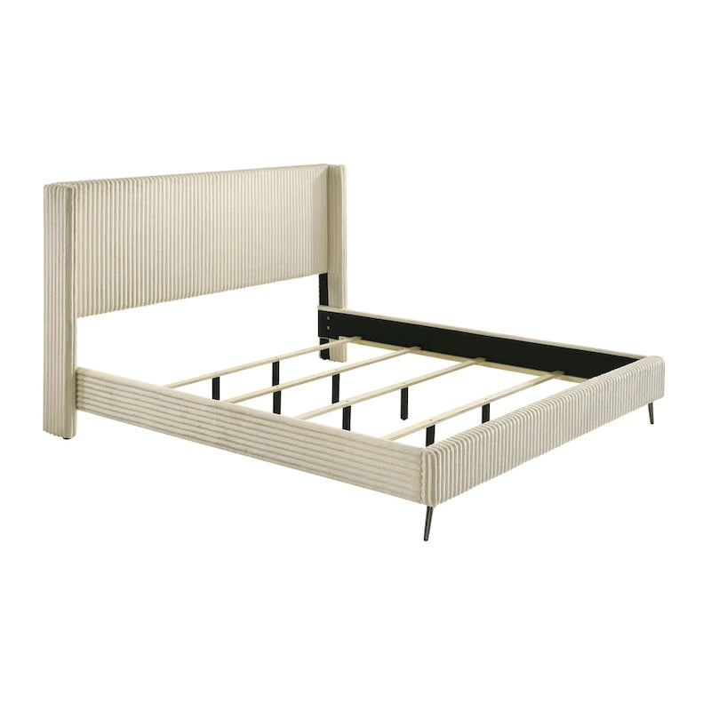 Cream Corduroy Wing-Back Panel Bed & 2 Nightstands – Queen/King