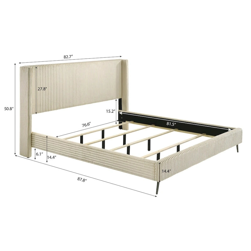 Cream Corduroy Wing-Back Panel Bed & 2 Nightstands – Queen/King