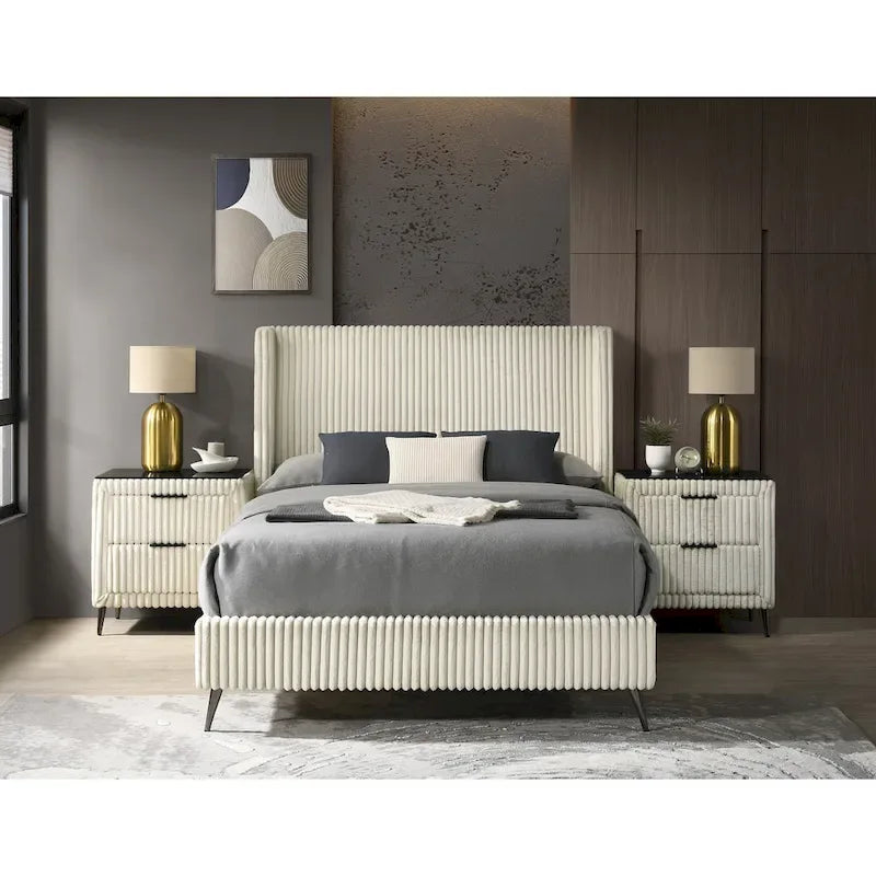 Cream Corduroy Wing-Back Panel Bed & 2 Nightstands – Queen/King