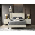 Cream Corduroy Wing-Back Panel Bed & 2 Nightstands – Queen/King