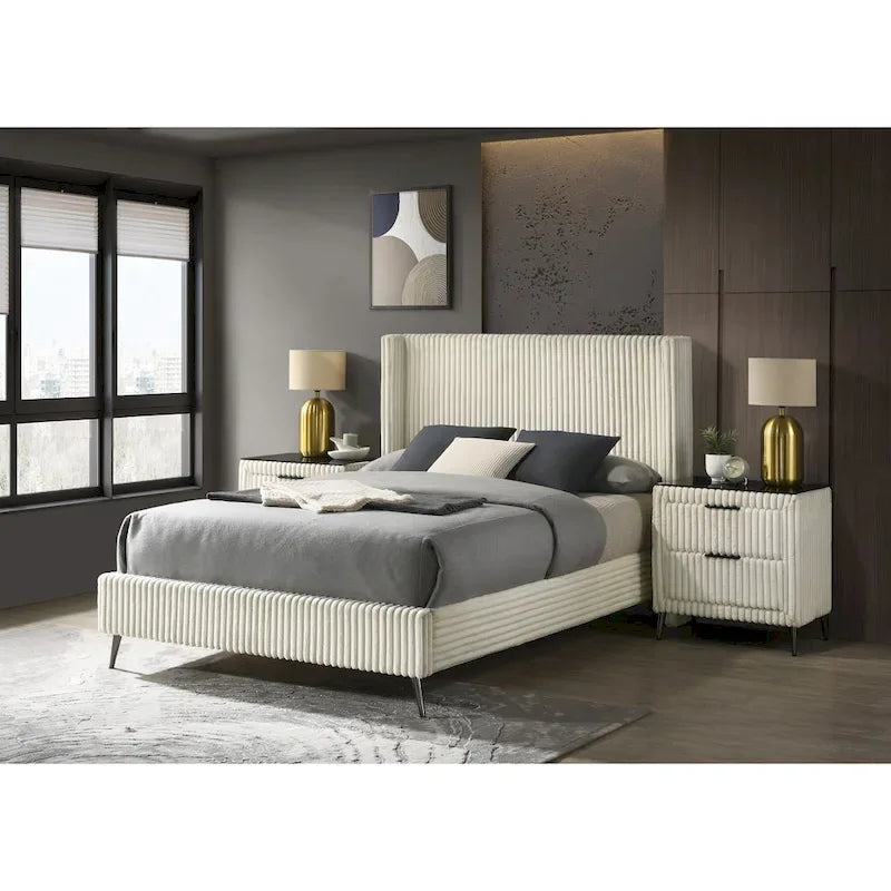 Cream Corduroy Wing-Back Panel Bed & 2 Nightstands – Queen/King