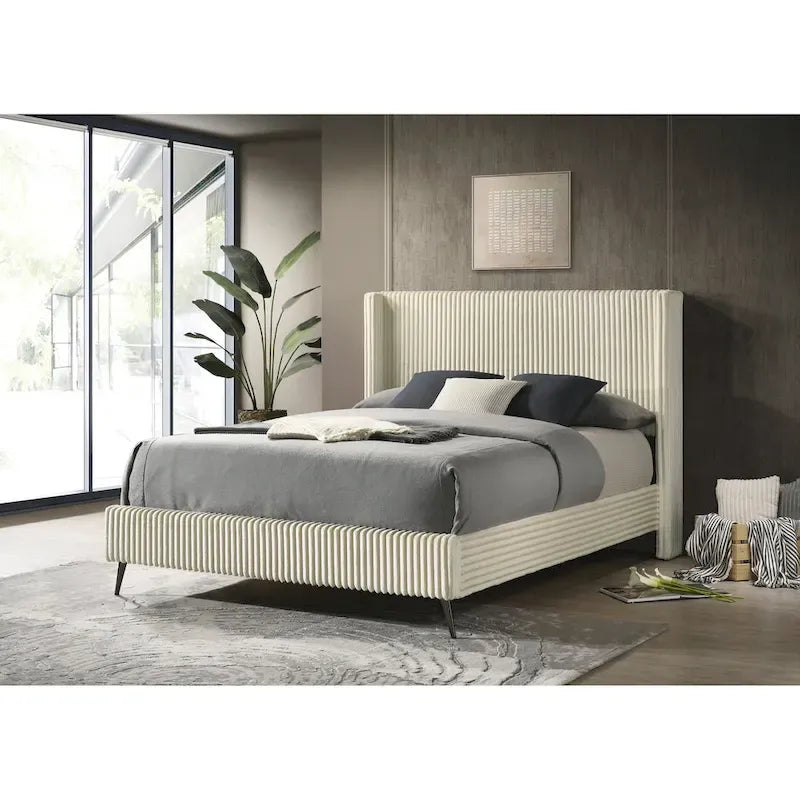 Cream Corduroy Wing-Back Panel Bed & 2 Nightstands – Queen/King