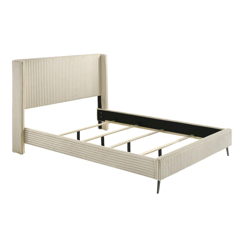 Cream Corduroy Wing-Back Panel Bed & 2 Nightstands – Queen/King