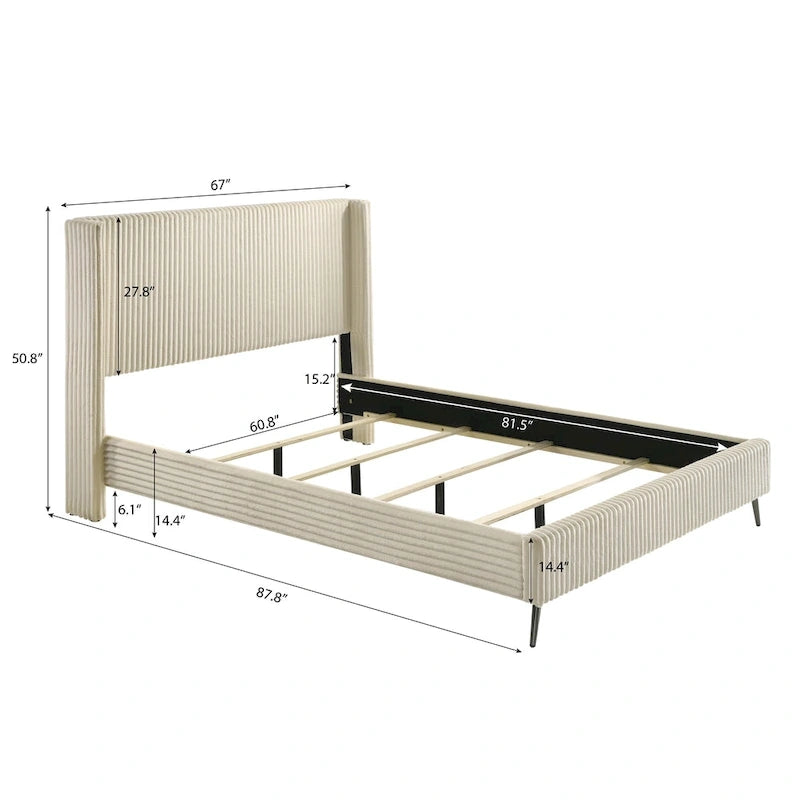 Cream Corduroy Wing-Back Panel Bed & 2 Nightstands – Queen/King