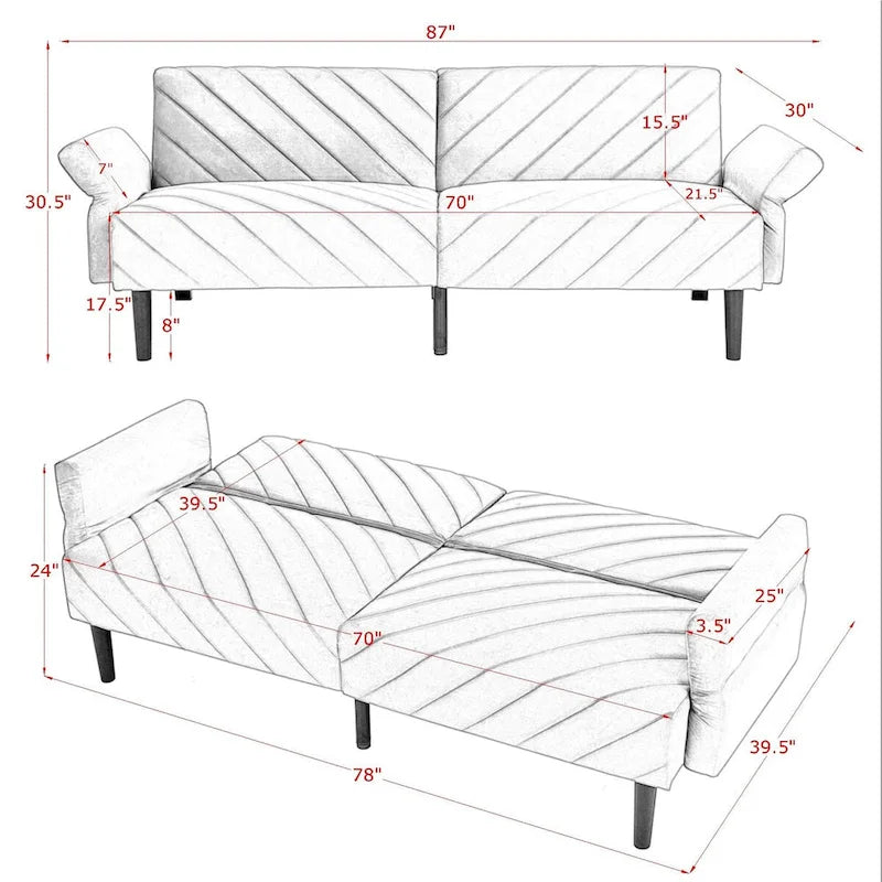 87 Velvet Convertible Folding Sofa Bed with Adjustable Armrests