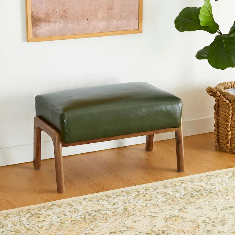 Glitzhome 24.5W Leatherette Accent Stool With Walnut Rubberwood Legs