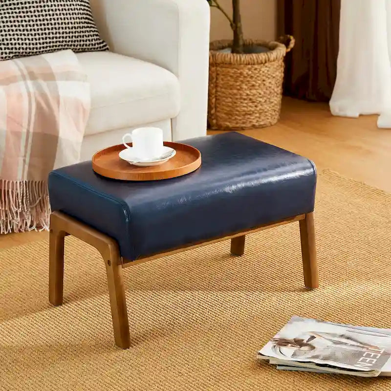 Glitzhome 24.5W Leatherette Accent Stool With Walnut Rubberwood Legs