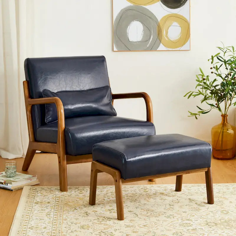 Glitzhome 24.5W Leatherette Accent Stool With Walnut Rubberwood Legs