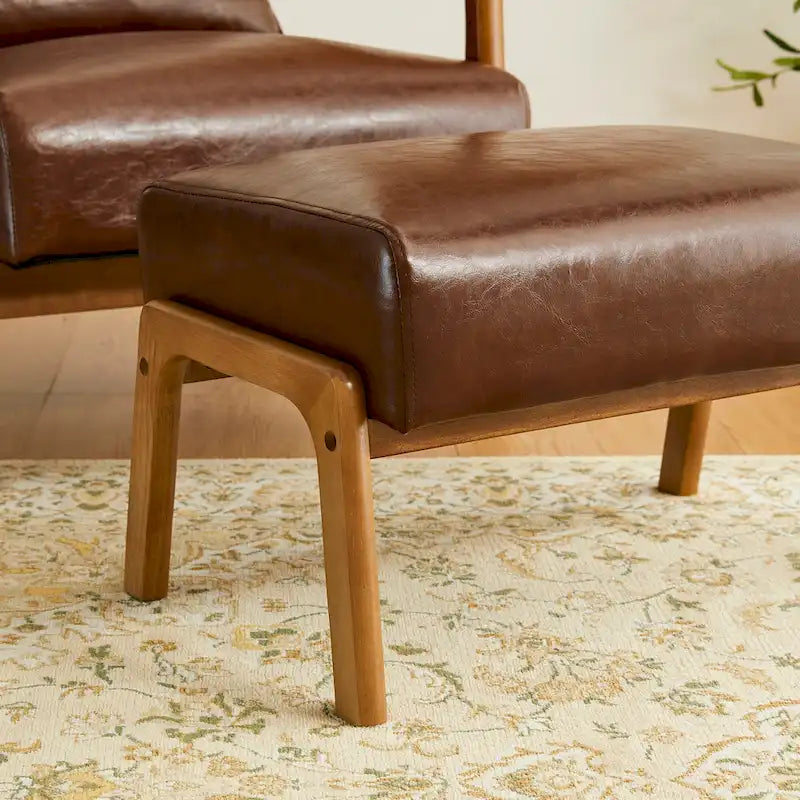 Glitzhome 24.5W Leatherette Accent Stool With Walnut Rubberwood Legs