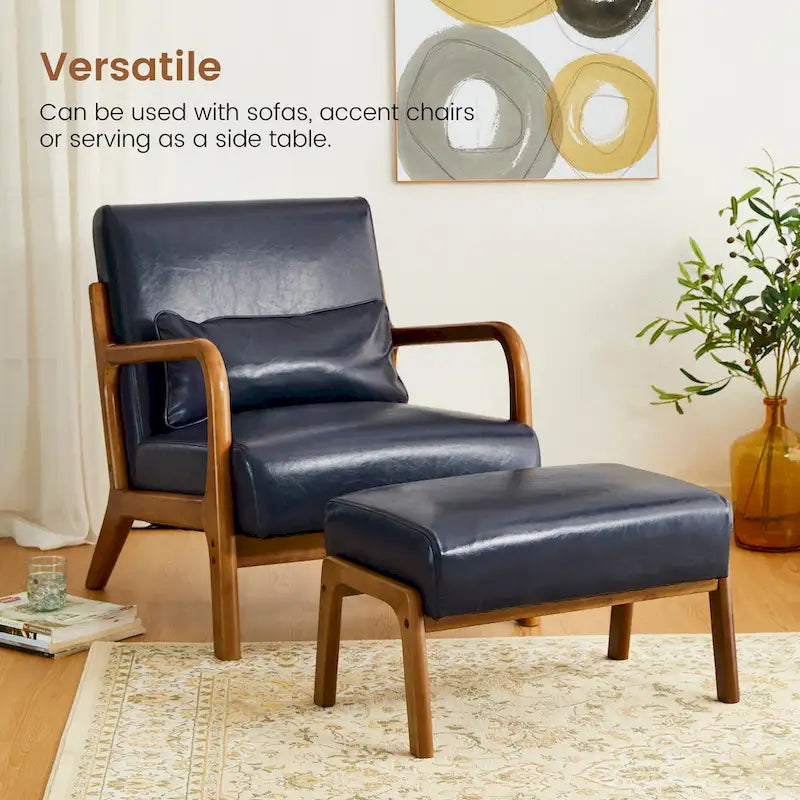 Glitzhome 24.5W Leatherette Accent Stool With Walnut Rubberwood Legs