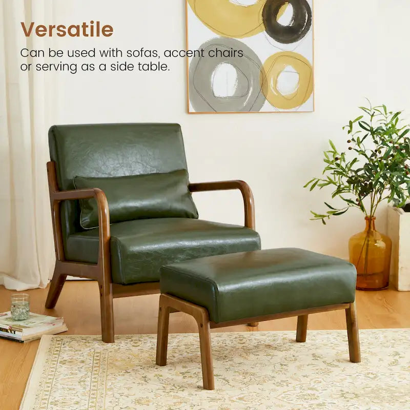 Glitzhome 24.5W Leatherette Accent Stool With Walnut Rubberwood Legs