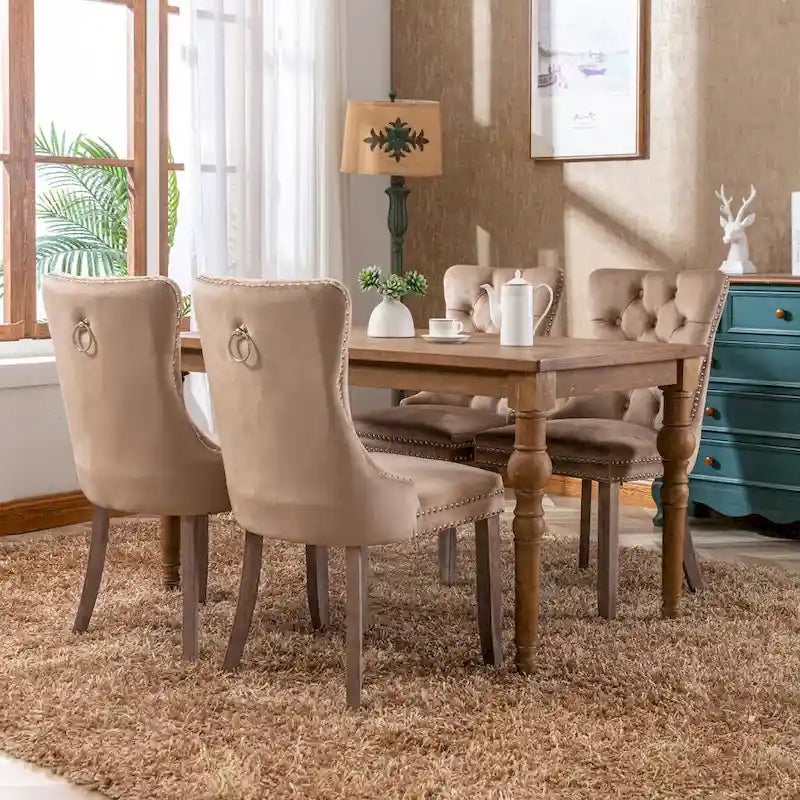 Set of 2 Linen Or Velvet Upholstered Dining Chairs with Nailhead Trim and Wooden Legs