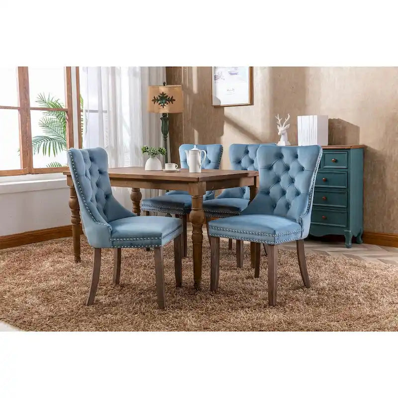 Set of 2 Linen Or Velvet Upholstered Dining Chairs with Nailhead Trim and Wooden Legs