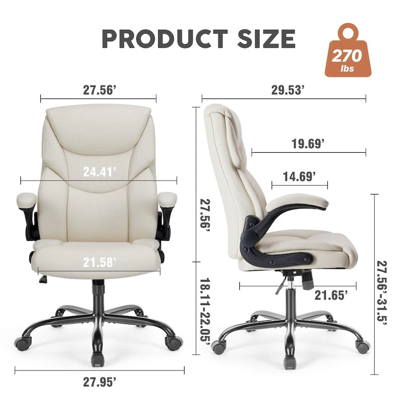 Executive Office PU Leather Desk Chair High Back Flip-Up Armrest Adjustable Ergonomic Home Office Chair