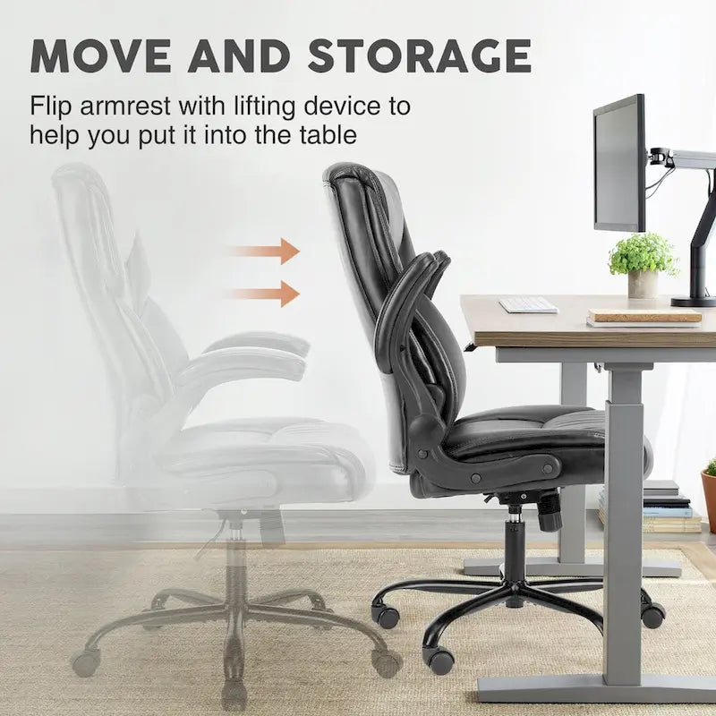 Executive Office PU Leather Desk Chair High Back Flip-Up Armrest Adjustable Ergonomic Home Office Chair