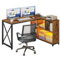 Brown / Grey / White Reversible L-Shaped Desk with Shelves, Power Outlets & RGB Light