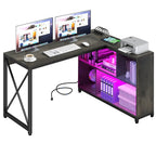 Brown / Grey / White Reversible L-Shaped Desk with Shelves, Power Outlets & RGB Light