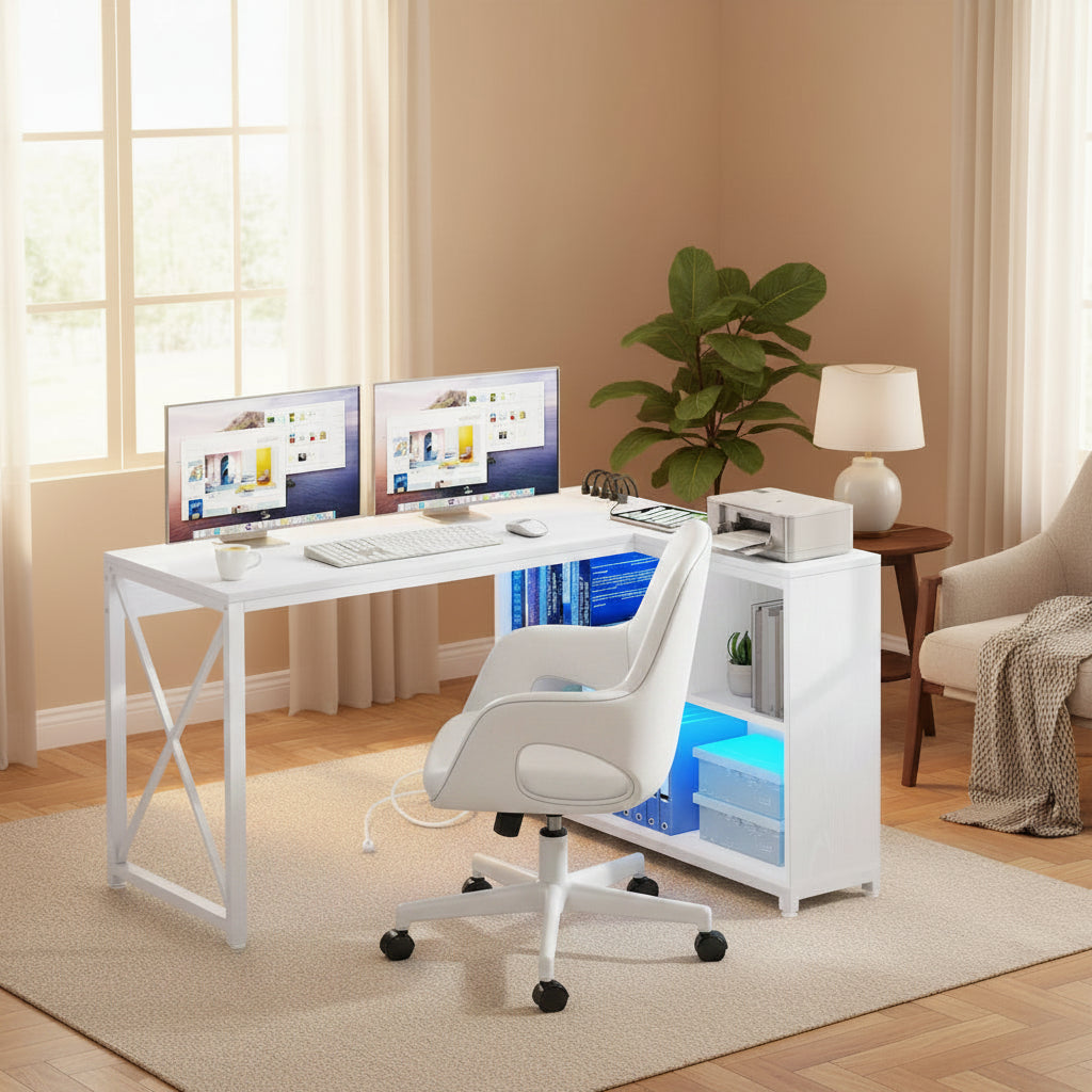 Brown / Grey / White Reversible L-Shaped Desk with Shelves, Power Outlets & RGB Light