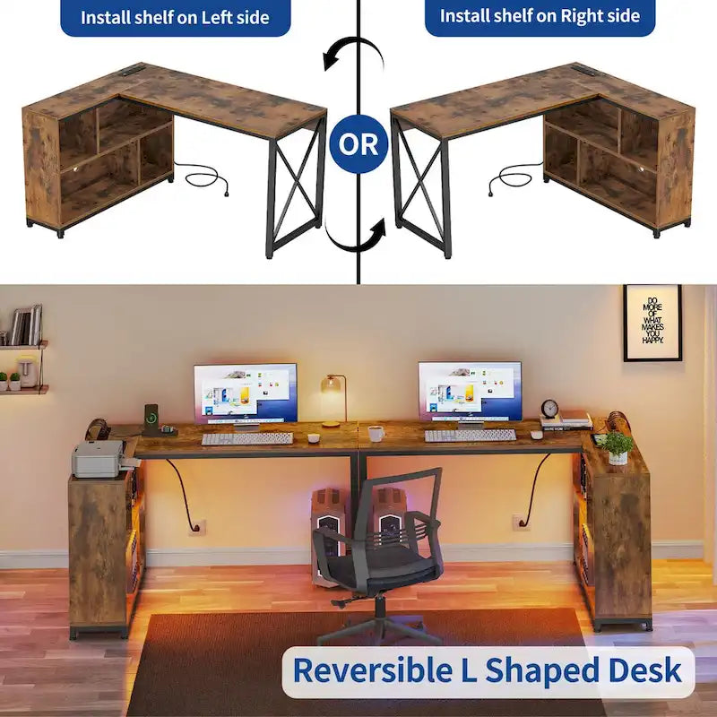 Brown / Grey / White Reversible L-Shaped Desk with Shelves, Power Outlets & RGB Light