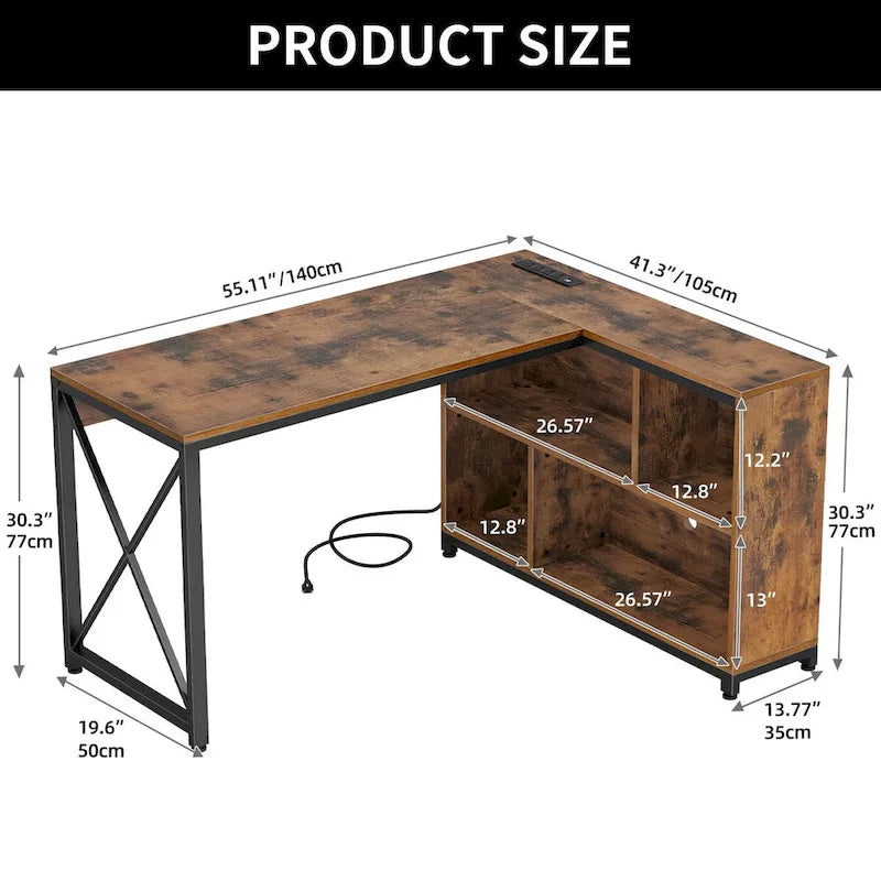 Brown / Grey / White Reversible L-Shaped Desk with Shelves, Power Outlets & RGB Light