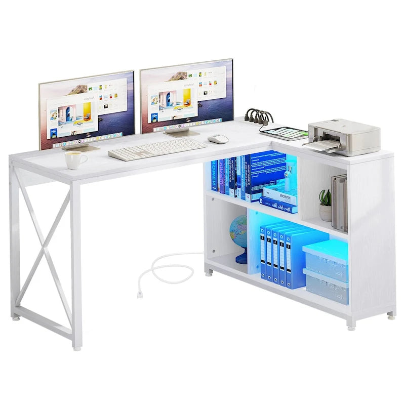 Brown / Grey / White Reversible L-Shaped Desk with Shelves, Power Outlets & RGB Light