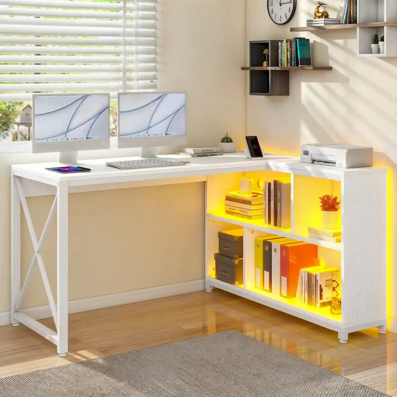 Brown / Grey / White Reversible L-Shaped Desk with Shelves, Power Outlets & RGB Light